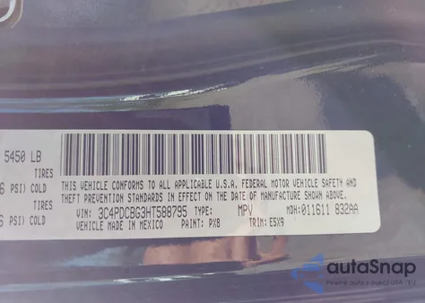 2017 Dodge Journey Sxt from USA, damaged, VIN 3C4PDCBG3HT588795